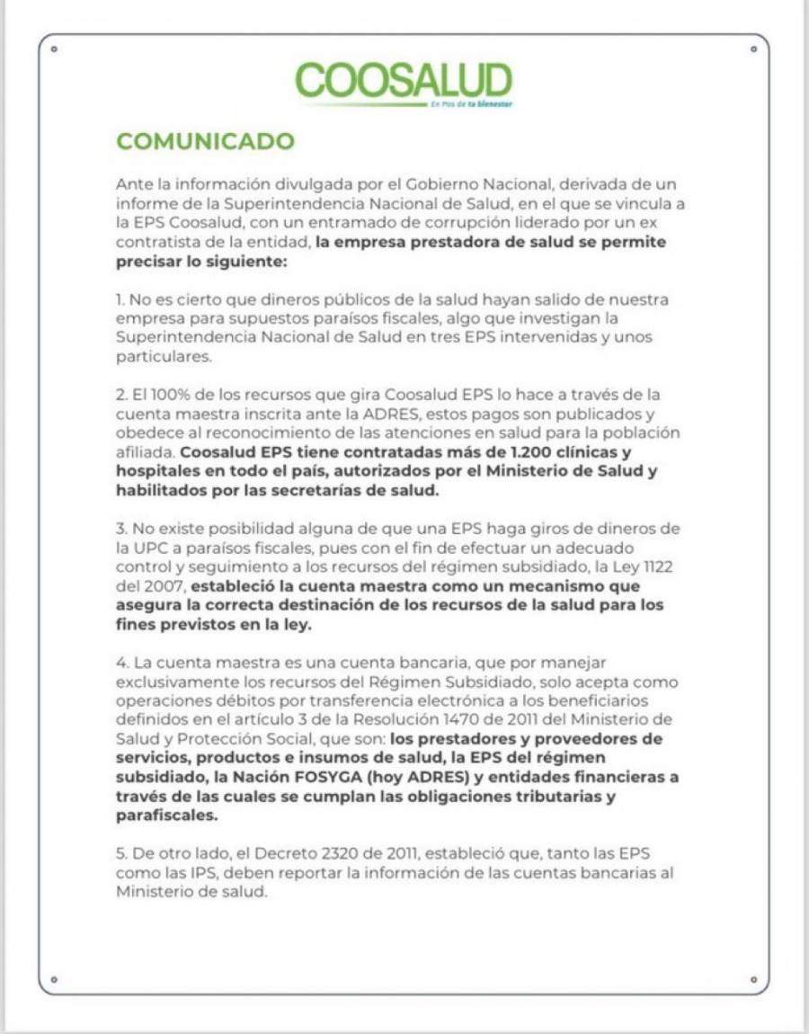 EPS Coosalud responde ante denuncia por presunto desvío de recursos a paraísos fiscales