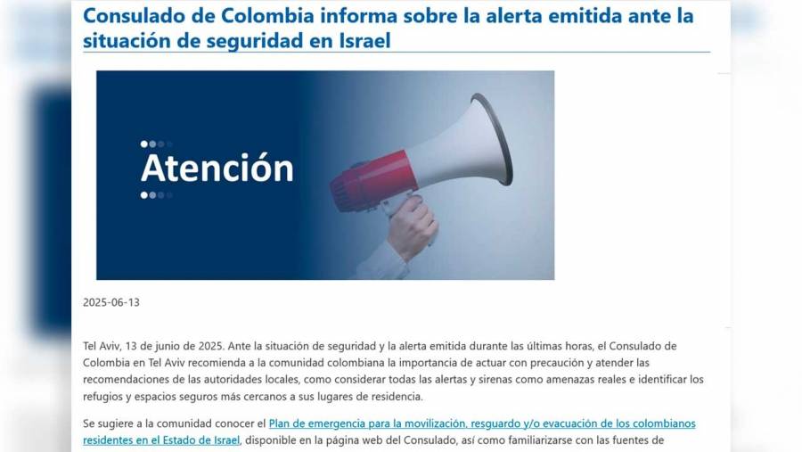 Consulado de Colombia en Tel Aviv emite recomendaciones ante situación de seguridad en Israel