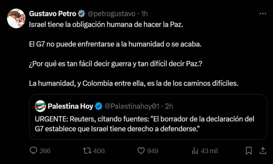 Presidente Petro llama a detener la guerra y priorizar la vida ante escalada del conflicto entre Irán e Israel
