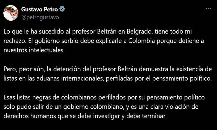 Presidente rechaza la detención arbitraria del profesor Miguel Beltrán en Serbia