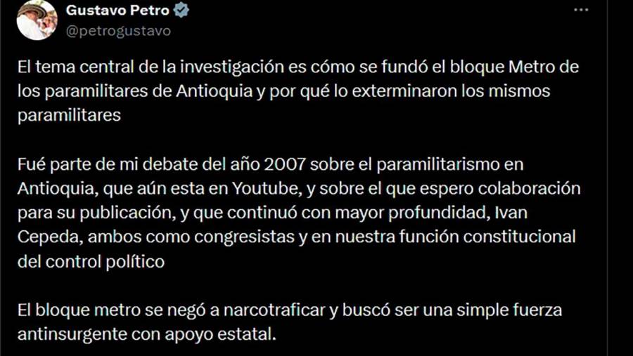 Presidente Gustavo Petro le propone a expresidente Uribe que cuente la verdad del Bloque Metro ante la JEP