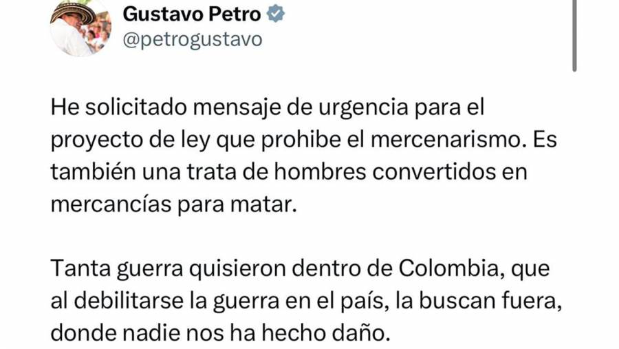 Colombia impulsa ley contra el mercenarismo tras posible muerte de colombianos en Sud&aacute;n